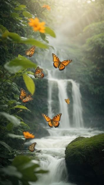 A Group Of Butterflies Flying Over A Waterfall In The Forest With