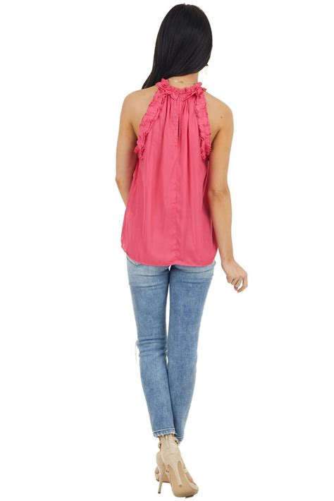 Hot Pink Halter Neck Sleeveless Top With Frill Detail Lime Lush Boutique Boutique Tops Lime