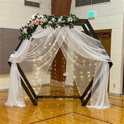 Arch Wood Hexagon Backdrop Stand With Sheer Floral And Lights