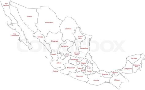 Mexico Map With State Borders And Capital Cities Stock Vector Colourbox