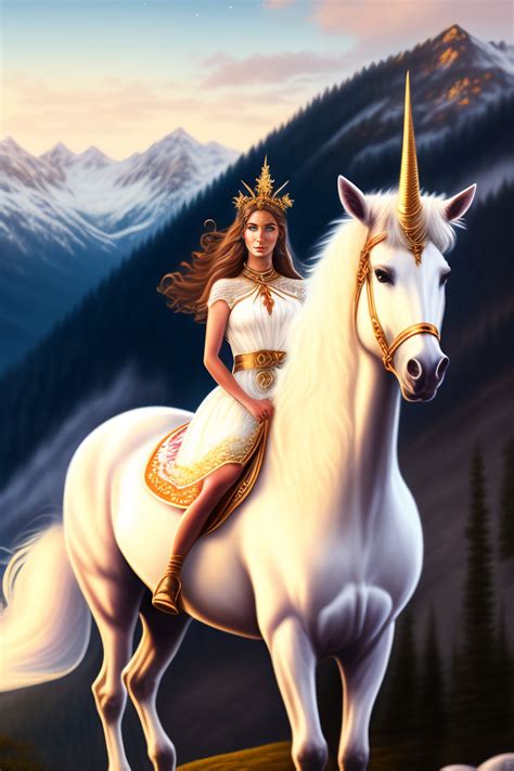 Lexica A Woman Riding A White Unicorn Brown Hair Cream Colored