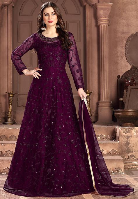 Buy Embroidered Net Abaya Style Suit In Wine Online Kch Utsav