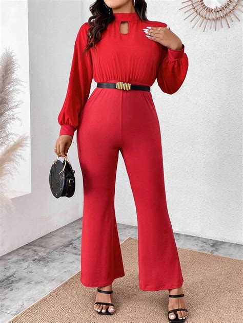 Shein Privé Plus Size Keyhole Neck Lantern Sleeve Flared Jumpsuit No