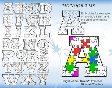 Puzzle Alphabet for Coloring, 4x4hoop/5x7hoop, 26 Letters 2 Sizes. In ...