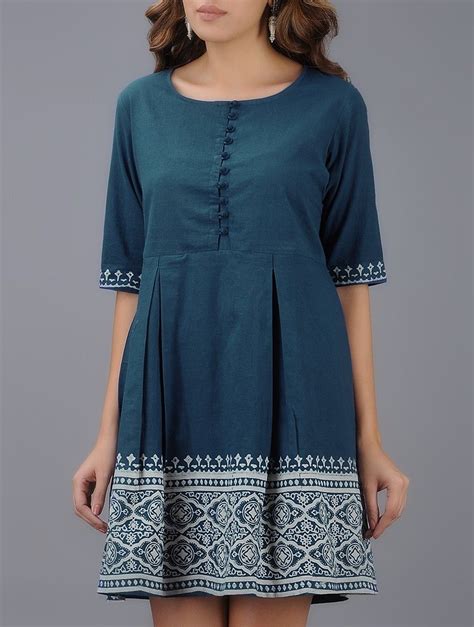 Buy Blue Ivory Block Printed Pleated Cotton Dress Online At Jaypore