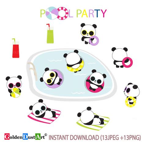 POOL Party Clipart, Summer Party Clipart, Summer Clipart, Kawaii Panda ...