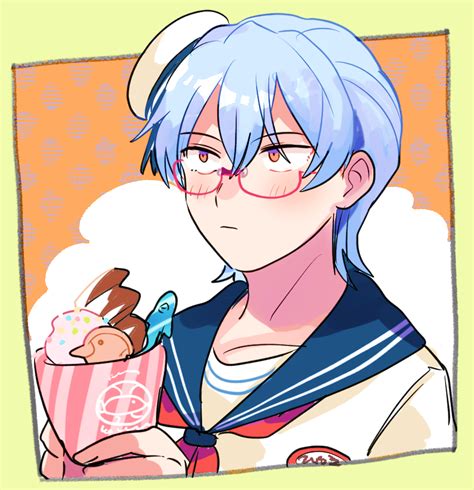 1boy Male Focus Glasses Blue Hair Solo Hat Sailor Hat Illustration Images