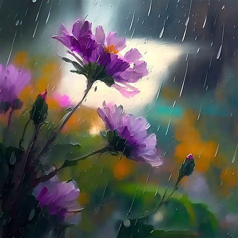 Flowers In The Rain Floral Oil Painting Background Rain Flowers