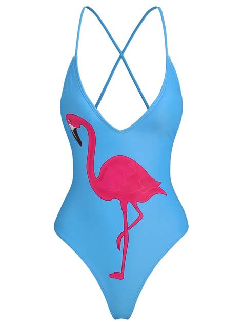 One Pieces Deep Sky Blue L Flamingo Print Criss Cross One Piece