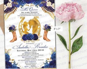 Quinceañera Royal Blue Horseshoe Charro Invitation Gold Blue Roses Mis