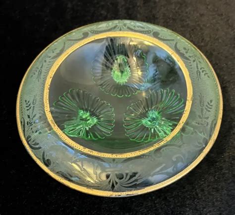 Vintage Depression Glass Green Vaseline Uranium Footed Bowl Floral