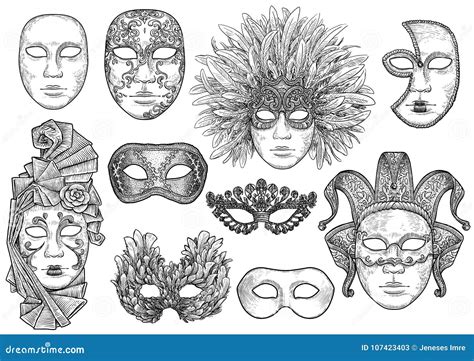 Venetian Mask Illustration Drawing Engraving Ink Line Art Vector