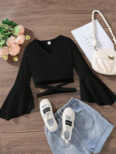 SHEIN Camisa para niña preadolescente con cuello vuelto y mangas