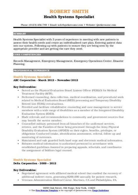 Health Systems Specialist Resume Samples Qwikresume