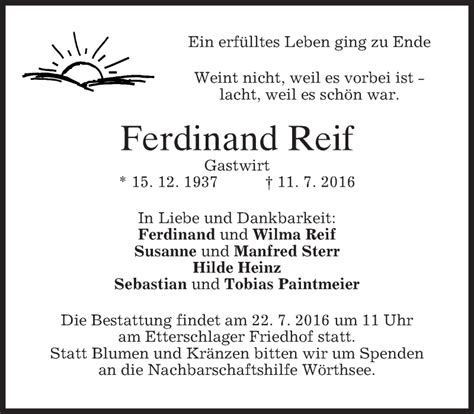 Traueranzeigen Von Ferdinand Reif Trauer Merkur De