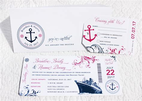 Fuchsia And Navy Blue Anchor Swirls Ship Wheel And Boat Cruise Ticket Wedding Invitations