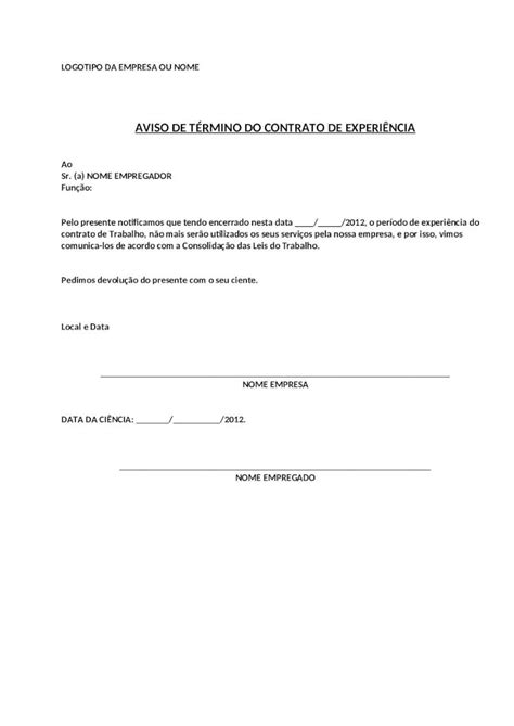 Docx Modelo Aviso De T Rmino De Contrato De Experi Ncia Dokumen Tips