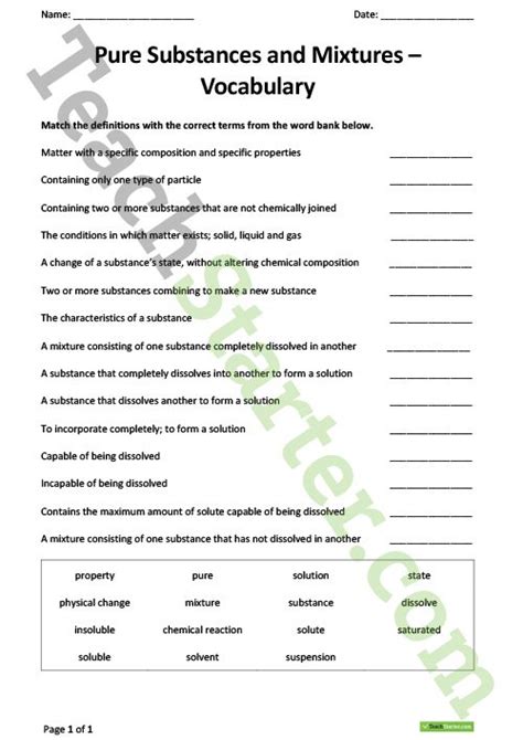 Pure Substance Vs Mixture Worksheet