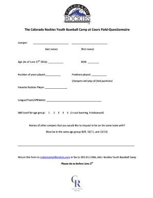 Fillable Online The Colorado Rockies Youth Baseball Camp At Coors