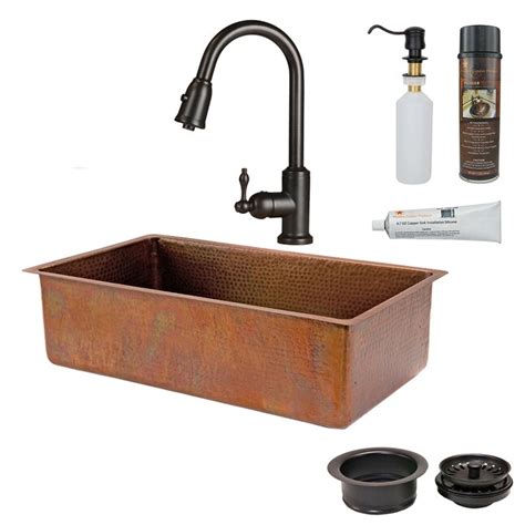 Premier Copper Products 33 In Hammered Antique Copper Single Basin Kitchen Sink Pull Down