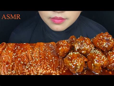 Asmr Spicy Fried Chicken Spicy Golden Enoki Mushrooms Youtube