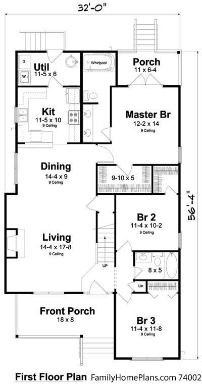 Bungalow Style Home Plan Diagram With Small Front Porch From 74002 Narrow