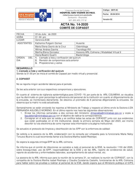 Pdf Acta No Comit De Copasst Revisi N De Compromisos Acta