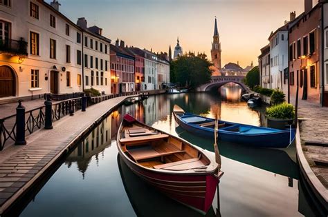 Premium Ai Image A Row Of Boats Are Docked In A Canal With A Bridge