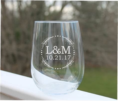 Stemless Wine Glass With Engraved Wedding Initials And Date Glassware T Personalized With