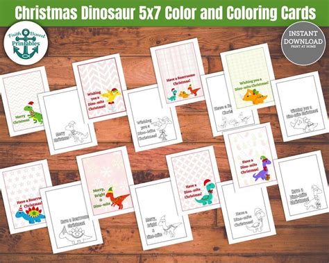 Printable Dinosaur Christmas Cards 5x7 Christmas Coloring Cards ...