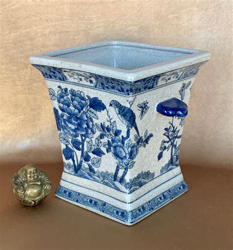 Blue And White Chinoiserie Planter Large Square Shaped Cachepot With