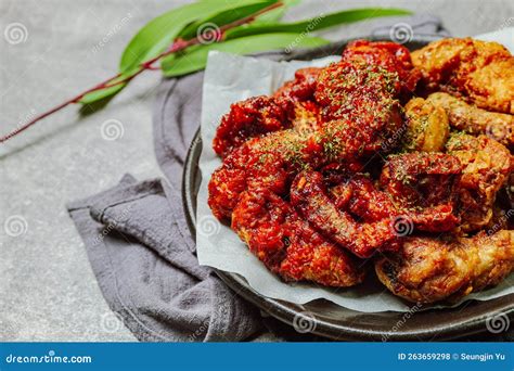 Yangnyeom Chicken Korean Seasoned Fried Chicken Stock Photo Image Of