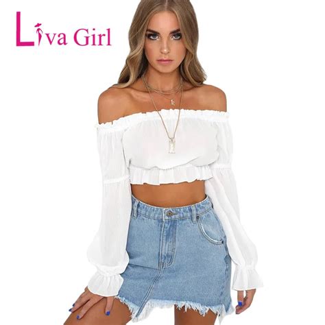 Liva Girl Off Shoulder Sexy Women Crop Top Long Sleeve White Shirts Short Cropped Tops Strapless