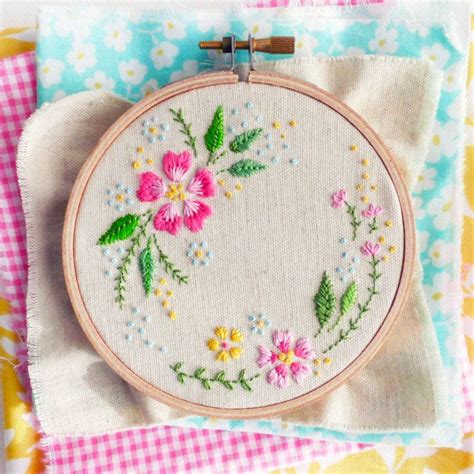 Circle Of Flowers Mini Hoop Hand Embroidery Kit Stitched Modern