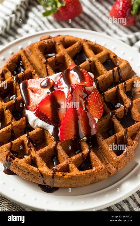 Homemade Dark Chocolate Waffles with Whipped Cream and Strawberries ...