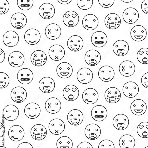 Outline Round Smile Emoji Seamless Pattern Emoticon Icon Linear Style