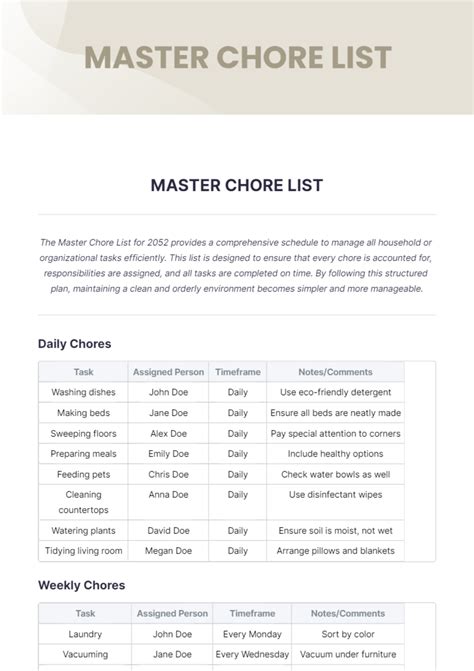 Free Master Chore List Template Edit Online And Download