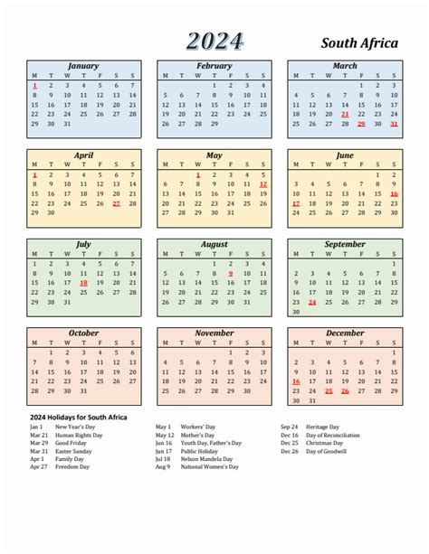 Free Printable South Africa 2024 Calendar With Holidays PDF