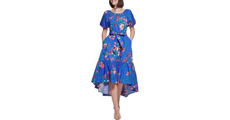 Kensie Floral Puff Sleeve High Low Cotton Dress In Blue Lyst