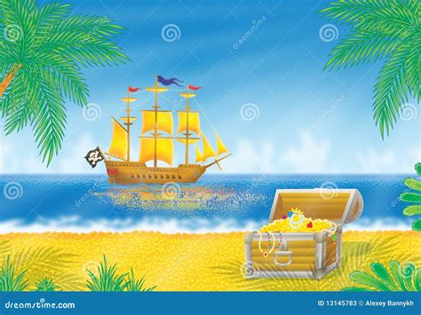 Pirate Ship and Treasure Chest Stock Illustration - Illustration of robbery, beach: 13145783