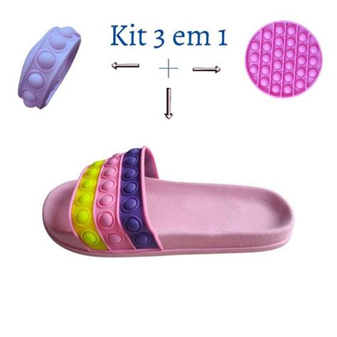 Kit Em Chinelo Slide Infantil Pop It Brinquedo Pulseira