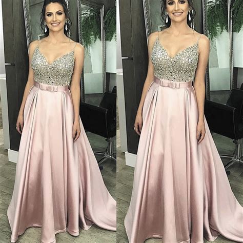 Superkimjo Beaded Prom Dresses Long Pink V Neck Satin Elegant