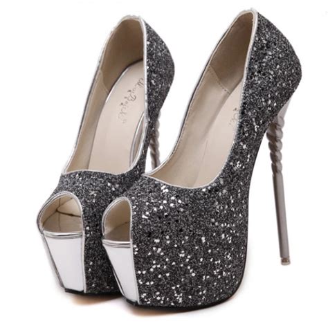 Grey Glitter Bling Bling Platforms Stiletto Peep Toe Super High Heels Shoes