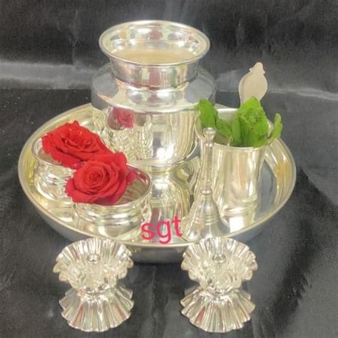 FULL SET GERMAN SILVER POOJA THALI WITH POOJA ARTICLES SGTPT001