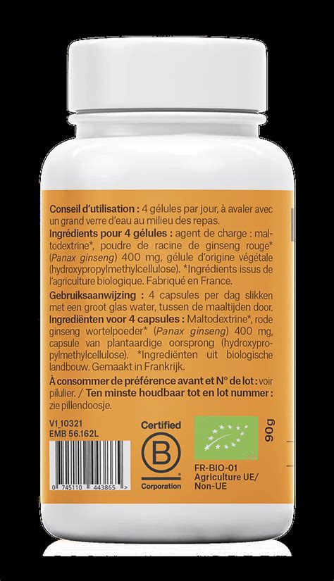 Ginseng 400µg énergie et tonus Bio 240 gelules 30 sur Kazidomi