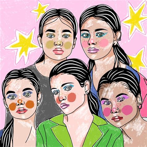 Retrato De Um Grupo De Meninas Com Uma Bela Maquiagem De Cores Brilhantes Pop Art Vetor Premium