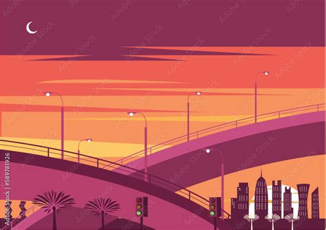 Sunset on a Qatar skyline with modern railway track system and road ...