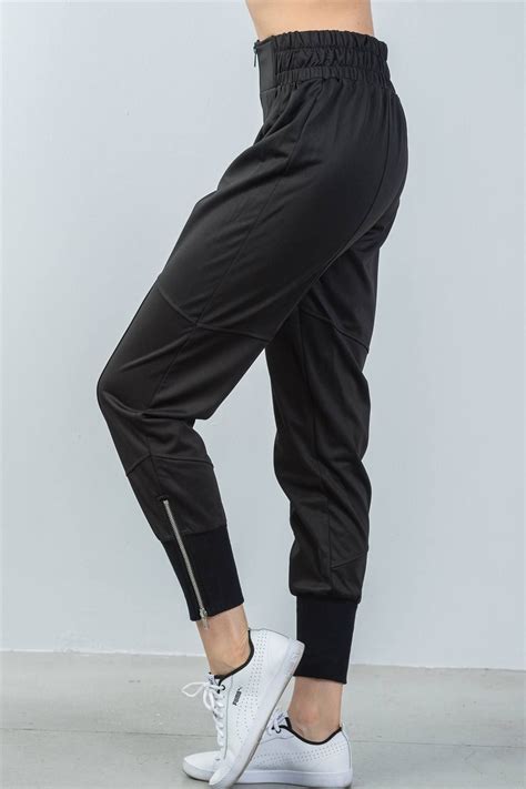 Women S Casual Ankle Lenght Black Zipper High Waisted Jogger Pants