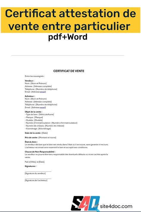 Certificat Attestation De Vente Entre Particulier PDF Word Site4doc