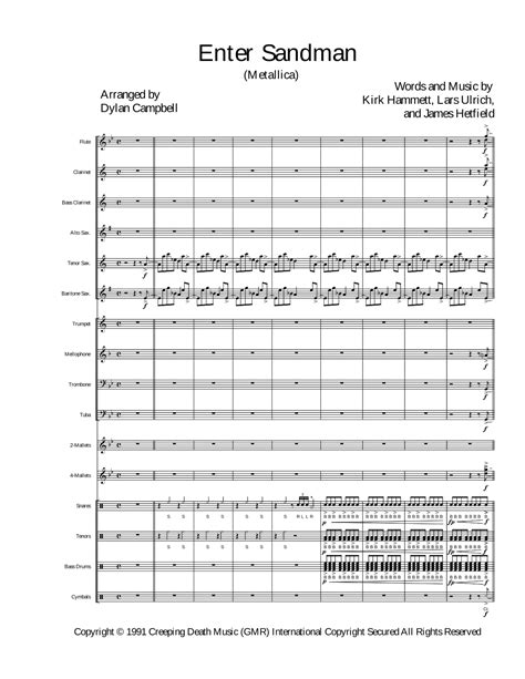 Enter Sandman Arr Dylan Campbell By Metallica Sheet Music For